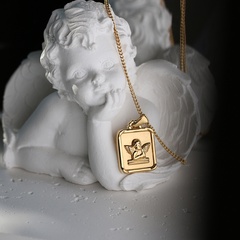 square angel thinking cupid necklace long chain titanium steel 18K gold plated