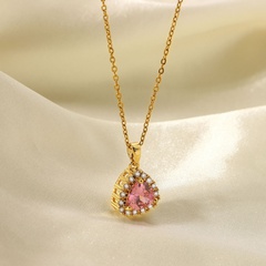 fashion 18K stainless steel white micro-inlaid zircon edging pink triangle zircon pendant necklace