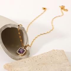 stainless steel chain white micro-inlaid zircon edging purple square zircon pendant necklace NHJIE447972