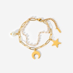 18K Gold Plated Stainless Steel Star Moon Pearl Pendant Double Layer Bracelet
