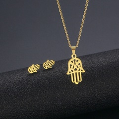 European and American Hand of Fatima Couple Necklace Stainless Steel Simple Hollow Palm Necklace Earring Set