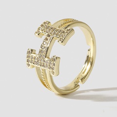 Estilo coreano Simple lindo cobre con incrustaciones de circonio carta abierto anillo femenino personalidad creativa chapado en oro Real H anillo ornamento