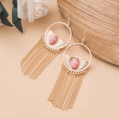 European And American Personalized Exaggerated Earrings Bohemian Retro Round Inlaid Turquoise Alloy Tassel Earrings Factory Wholesale