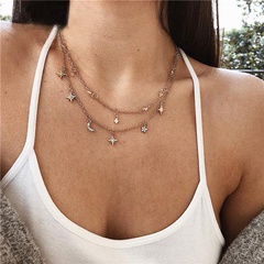 Europe and America Cross Border Fashion Double Layer Necklace Moon and Star Pendant Diamond-Studded Necklace Female Combination Clavicle Chain Female