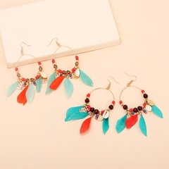 big circle wood round beads color tassel feather earrings fashion personality design earrings