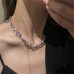 punk style purple zircon titanium steel chain stitching necklace tassel clavicle chain