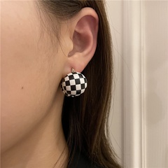 Korean black and white square checkered earrings spherical checkerboard leather personalized earrings