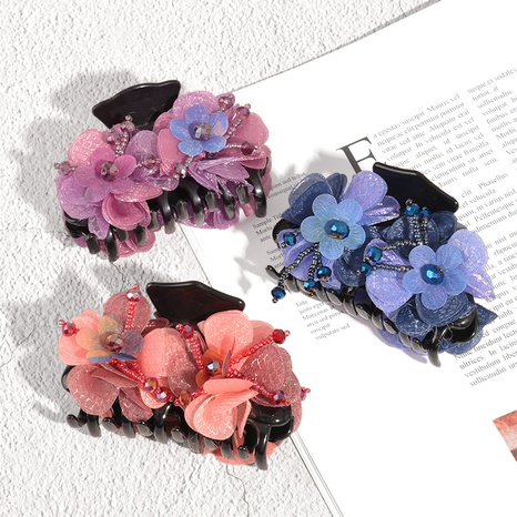 retro three-dimensional beaded flower hairpin back head catch clip large clip cloth art headdress's discount tags