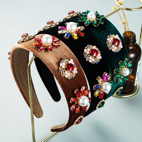 automne et hiver rétro couleur strass fleur baroque bandeau flanelle accessoires pour cheveux à larges bords NHLN448572's discount tags