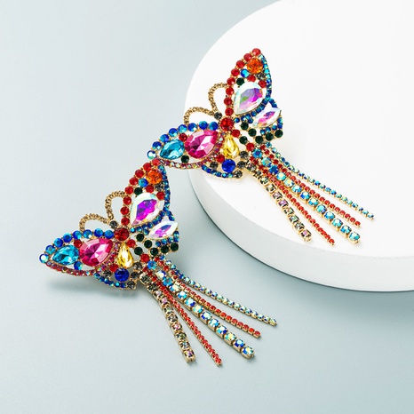 fashion exaggerated temperament prom long butterfly tassel alloy inlaid color rhinestone shiny earrings's discount tags