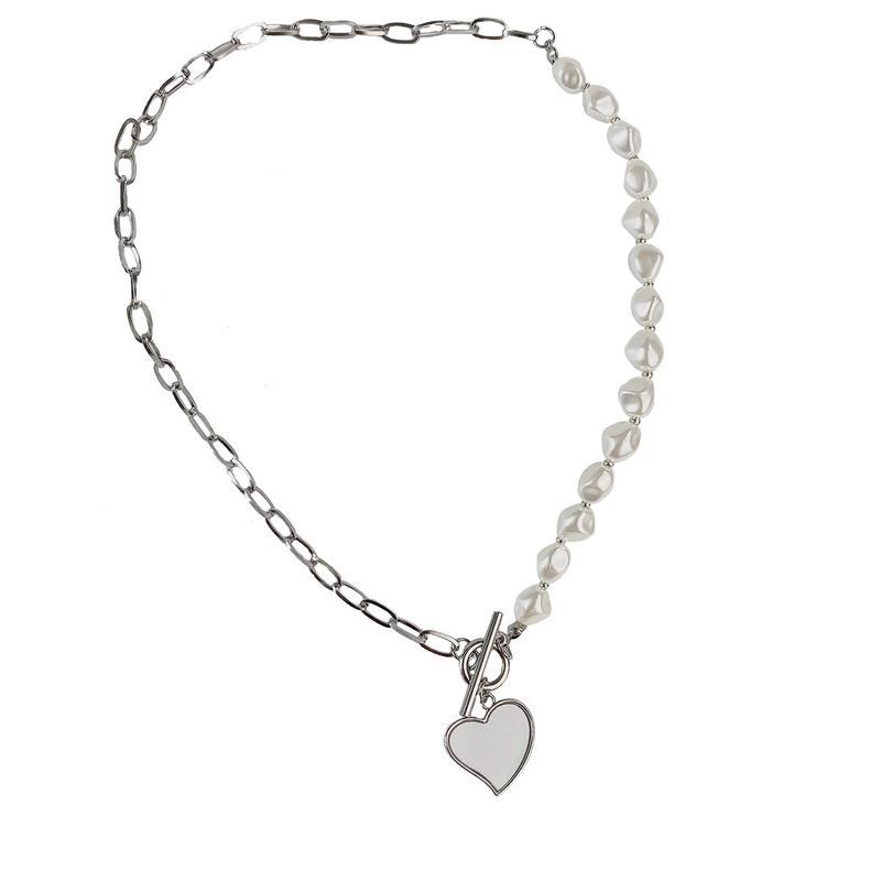 Titanium steel love pearl OT buckle necklace simple asymmetric splicing clavicle chain