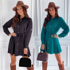 Fall winter new style lapel casual lace-up waist shirt long-sleeved dress