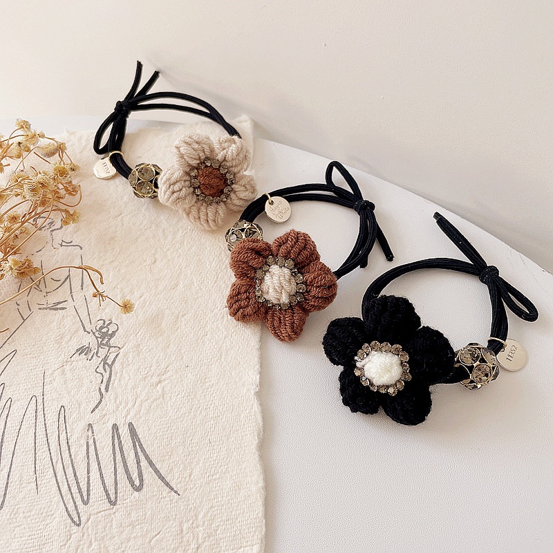 New retro milk coffee color diamondstudded wool flower simple rubber band head rope hair accessories
