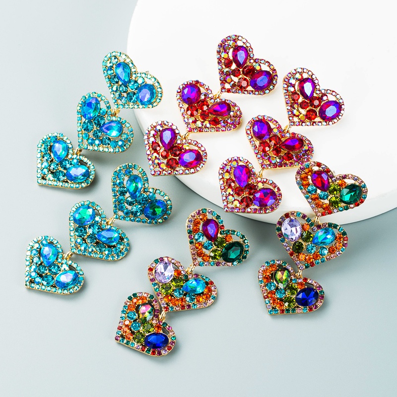 Fashion multilayer heartshaped alloy diamondstudded color glass earrings