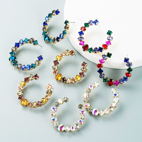 Fashion geometric alloy diamond colored glass diamond C-shaped earrings's discount tags