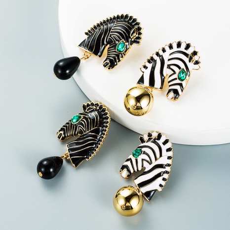 Personality creative animal zebra striped horse head earrings's discount tags