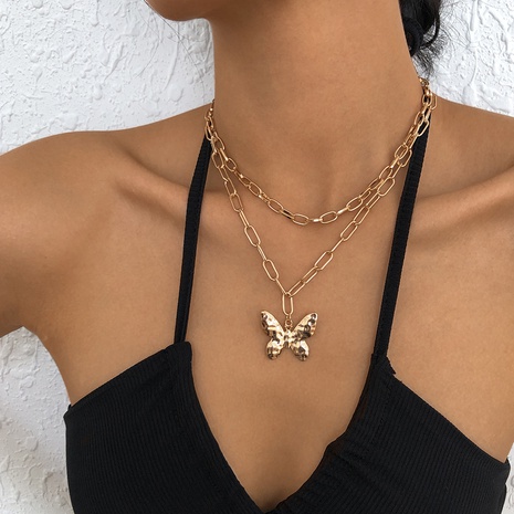 European and American style metal stacking double layer butterfly necklace punk exaggerated geometric chain necklace NHMD449542's discount tags
