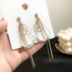 Pearl Geometric Metal Earrings Diamond Chain Long Tassel Earrings Fashion Earrings