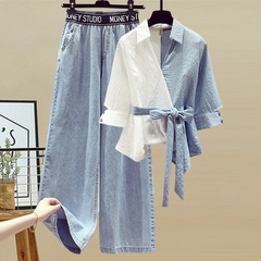 Summer dress stitching contrast stripes fake two-piece shirt high waist loose jeans suit