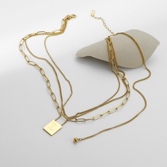 Letter L Rectangular Pendant Necklace 14K Gold Plated Stainless Steel Three Layer Necklace