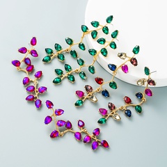 Fashion color diamond alloy diamond drop-shaped glass diamond long leaf flower earrings