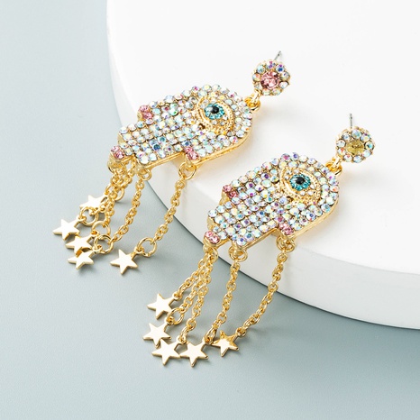 exaggerated diamond-studded Devil's eye palm long tassel earrings wholesale's discount tags