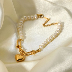 Fashion 18K Gold Plated Stainless Steel Pearl Horseshoe Buckle Chain Heart Pendant Bracelet
