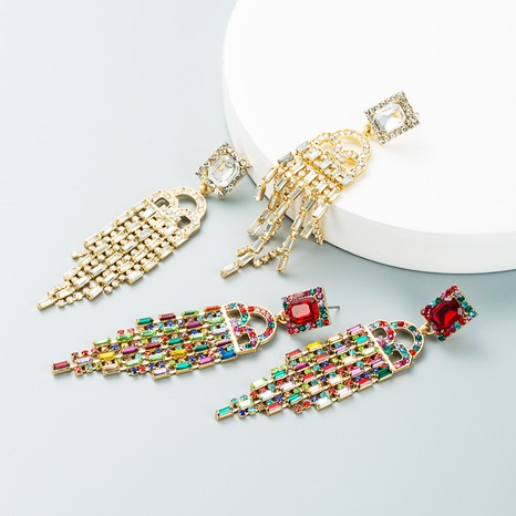 fashion personality alloy diamond square rhinestone glass diamond long tassel earrings's discount tags