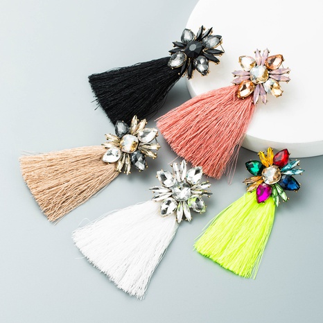 Bohemian ethnic style creative glass diamond flower long color tassel earrings's discount tags