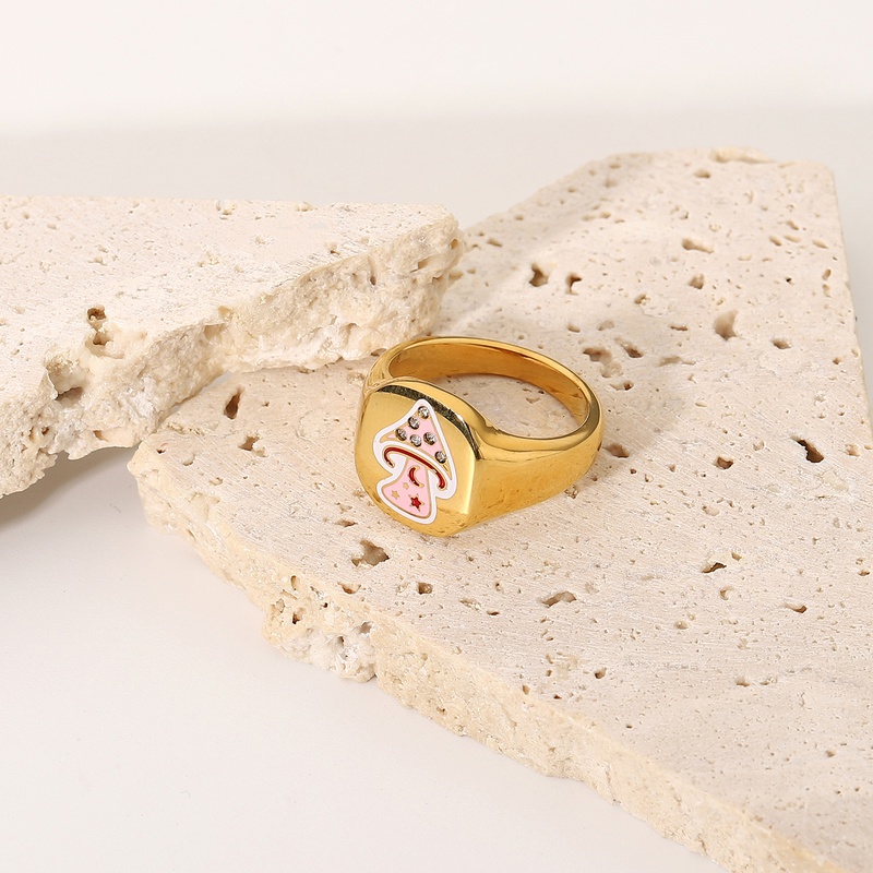 cute pink mushroom ring dripping oil rhinestone stainless steel mushroom ring