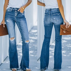 High-waisted washed and ripped micro-flare casual street style jeans