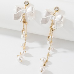 fashion rhinestone pearl bow tassel earrings European and American retro long earrings NHNJ451275