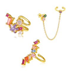 Cross-border source inlaid colorful zircon irregular geometric copper ear clip earrings 18K gold tassel chain earrings