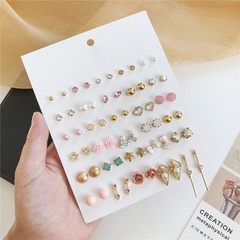Korean version 30 pairs pink pearl rhinestone ball love flower earrings set