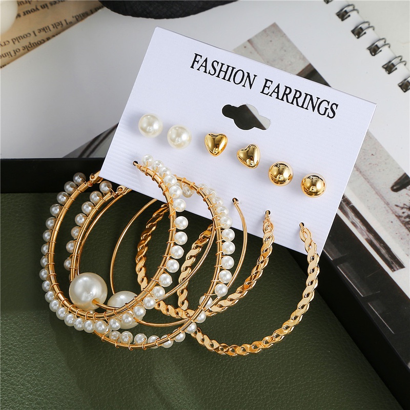 Europe and America Cross Border New Pearl Earrings Earrings Set Geometric Simple DIY Jewelry Love Heart Stud Earrings Set for Women