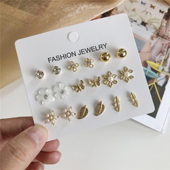 Nine Pairs of Pearl Flower Leaves Five-Pointed Star Butterfly Earrings Set European and American Ins Same Style Hot Selling Earrings
