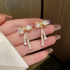 Fashion Zircon Bowknot Tassel Earrings Exquisite Fashion Pearl Earrings Rear Hanging Earrings