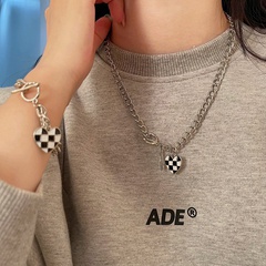 2021 Simple Korean All-Match Niche Sweet Cool Style Chessboard Plaid Black and White Plaid Love Pendant Necklace Bracelet for Women