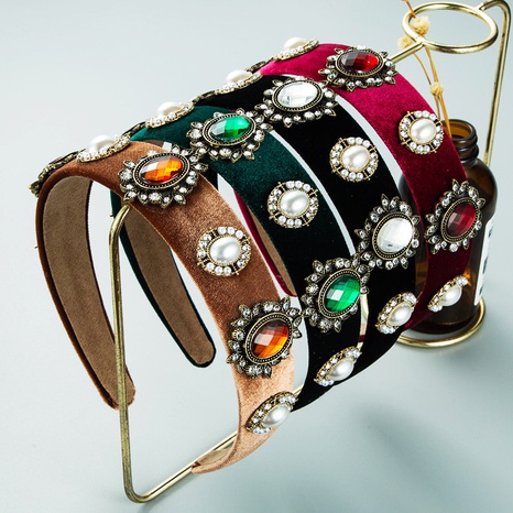 Heming diadema otoño europeo y americano nuevo barroco Retro con incrustaciones de diamantes de imitación para mujer Ins Plaid perla accesorios para el cabello de ala ancha's discount tags