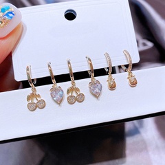Korean earrings set female small fresh zircon cherry strawberry fruit earrings set