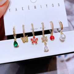 Korean earrings set zircon water drop flower copper ear buckle cross-border new