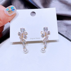 Korean style earrings fashion elegant temperament pearl zircon flower copper earrings