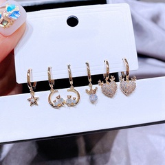 European and American fashion zircon micro-inlaid star and moon cat heart ear buckle set