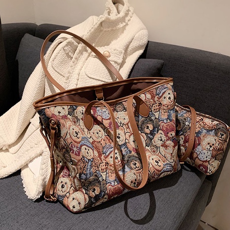 retro bear printing handbag canvas large-capacity shoulder bag commuter tote bag's discount tags