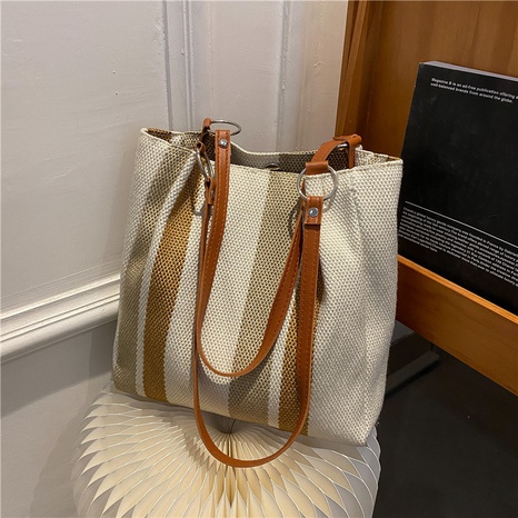 Large-capacity striped canvas bag fashion tote bag's discount tags
