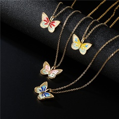 Aogu Cross-Border Supply European and American Ins Internet Celebrity Same Style Colorful Oil Necklace Butterfly Pendant Real Gold Plated Copper Necklace