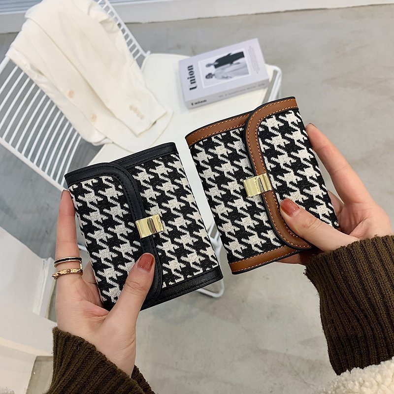 Wallet female thin section 2021 new houndstooth short wallet fabric multicard card holder