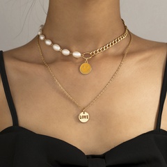 Europa y América Cruz frontera nuevo personalizado Simple sonriente collar moda Retro amor carta perla Multi-capa collar ornamento