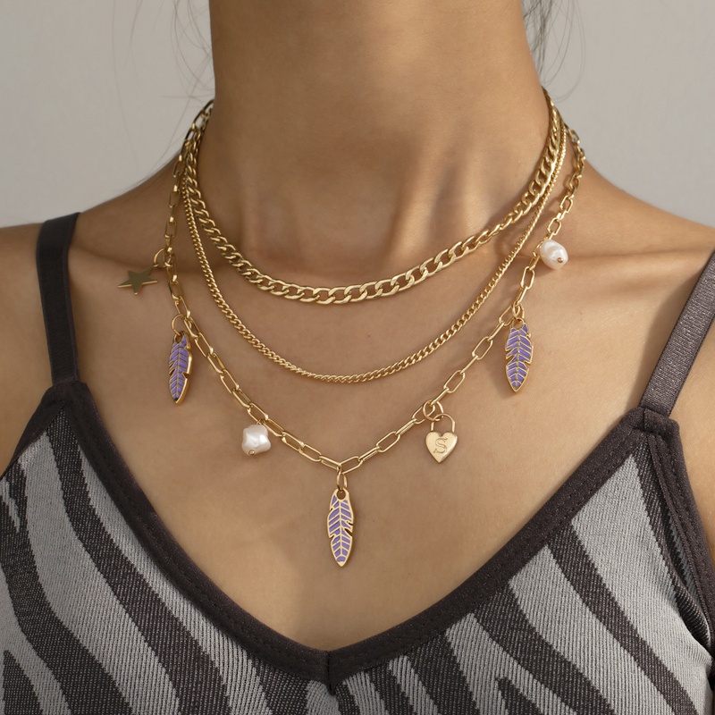 nouveau collier simple feuille violet rtro personnalit alliage lettre perle couture collier multicouche