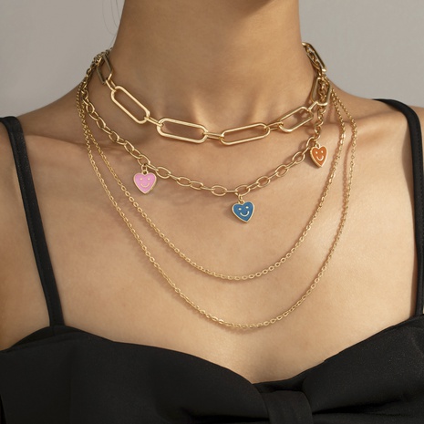 neue kreative Nähte Farbe Smiley Halskette Persönlichkeit mehrschichtige Halskette Pullover Kette Schmuck's discount tags